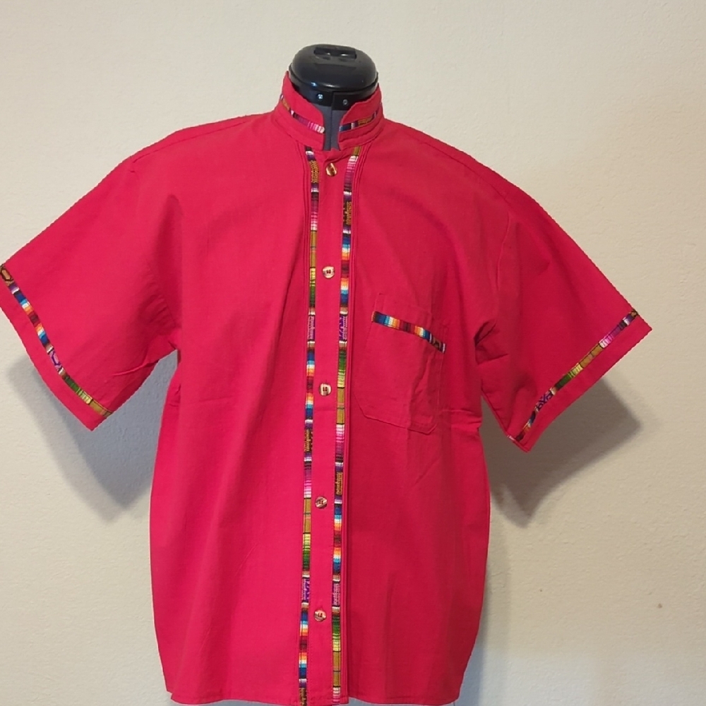 Artisan MexicaHandmade Guayabera Vibrant Red Men's Shirt with Multicolor Accents